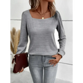 Gray solid color versatile long sleeved top with square neck and soft textured fabric for everyday wear