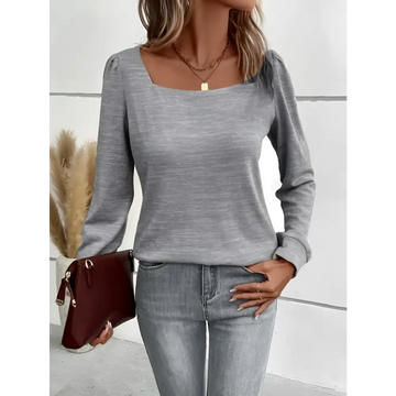 Gray solid color versatile long sleeved top with square neck and soft textured fabric for everyday wear