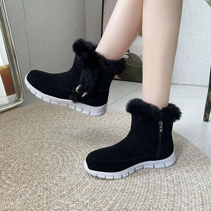 Black suede ankle snow boots winter warm with fluffy faux fur trim and white rubber soles for cold weather use