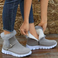 Gray suede faux fur trim snow boots winter warm with fluffy lining buckle strap and white rubber sole