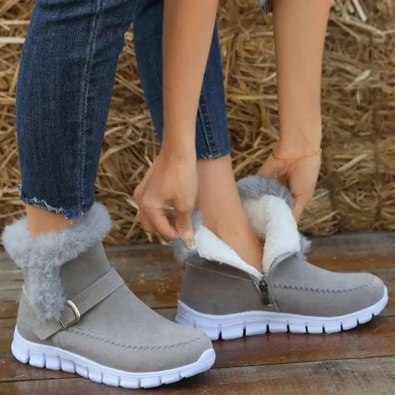 Gray suede faux fur trim snow boots winter warm with fluffy lining buckle strap and white rubber sole