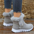 Gray suede snow boots winter with fluffy gray faux fur trim and white rubber sole for cold weather warmth