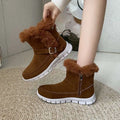 Gray suede snow boots winter with brown faux fur trim and white rubber sole for cold weather wear