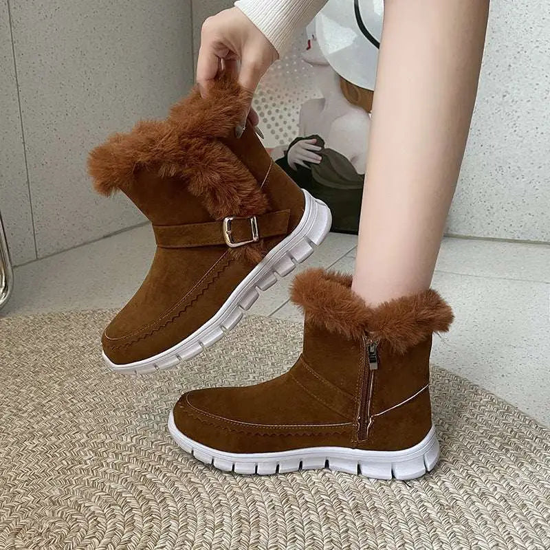 Gray suede snow boots winter with brown faux fur trim and white rubber sole for cold weather wear