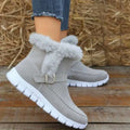 Gray suede faux fur trim snow boots winter warm ankle boots with fluffy lining and silver buckle detail