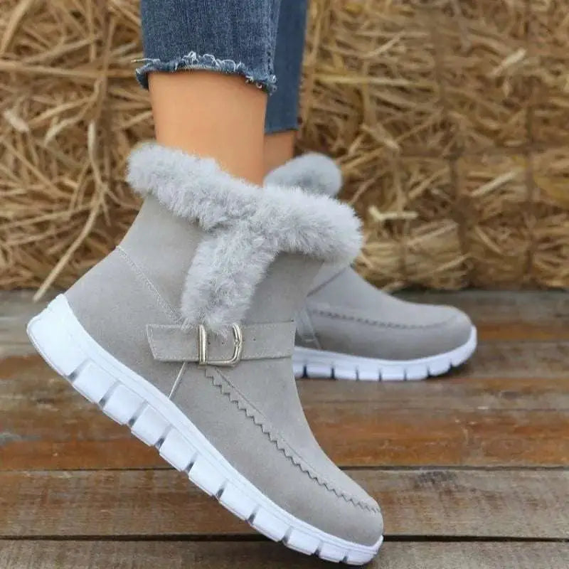 Gray suede faux fur trim snow boots winter warm ankle boots with fluffy lining and silver buckle detail