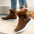 Brown suede ankle snow boots winter warm with fluffy brown faux fur trim and silver buckle detail