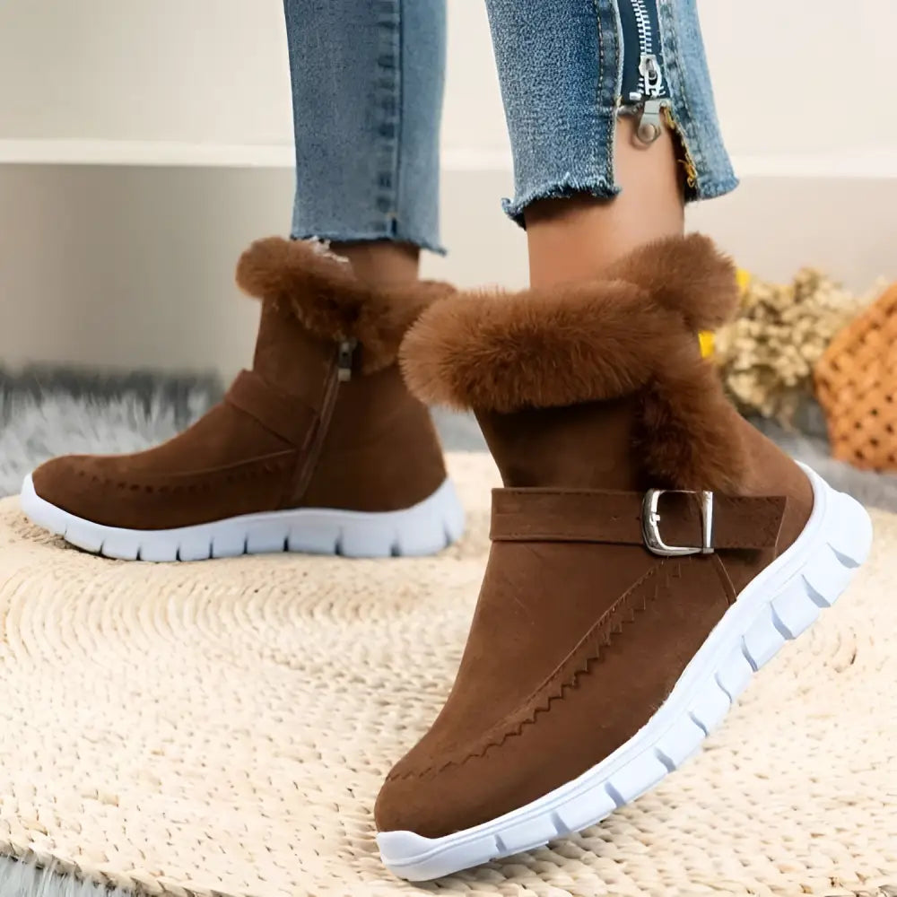 Brown suede ankle snow boots winter warm with fluffy brown faux fur trim and silver buckle detail