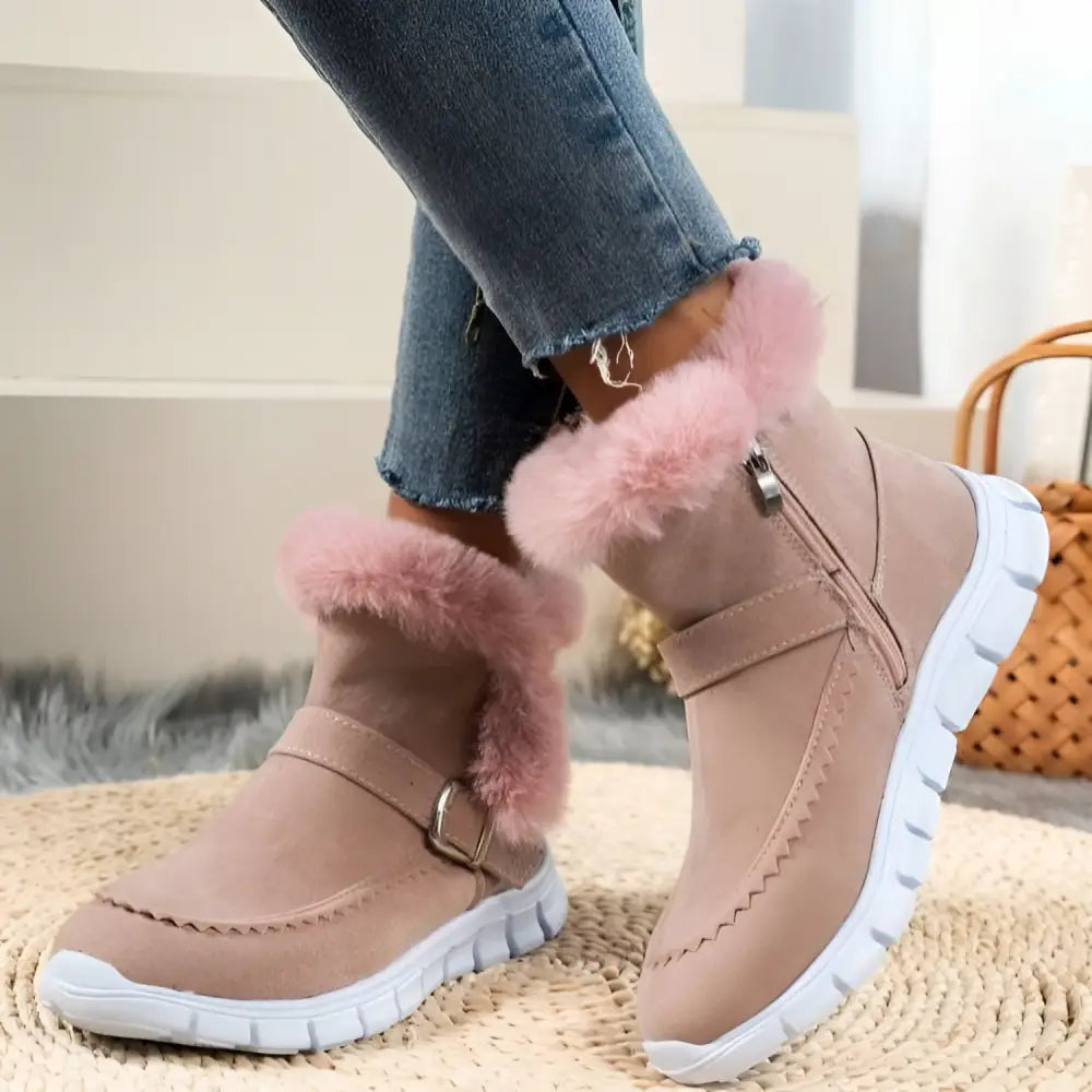 Beige suede ankle boots with pink faux fur trim and white sole for snow boots winter and gray suede use