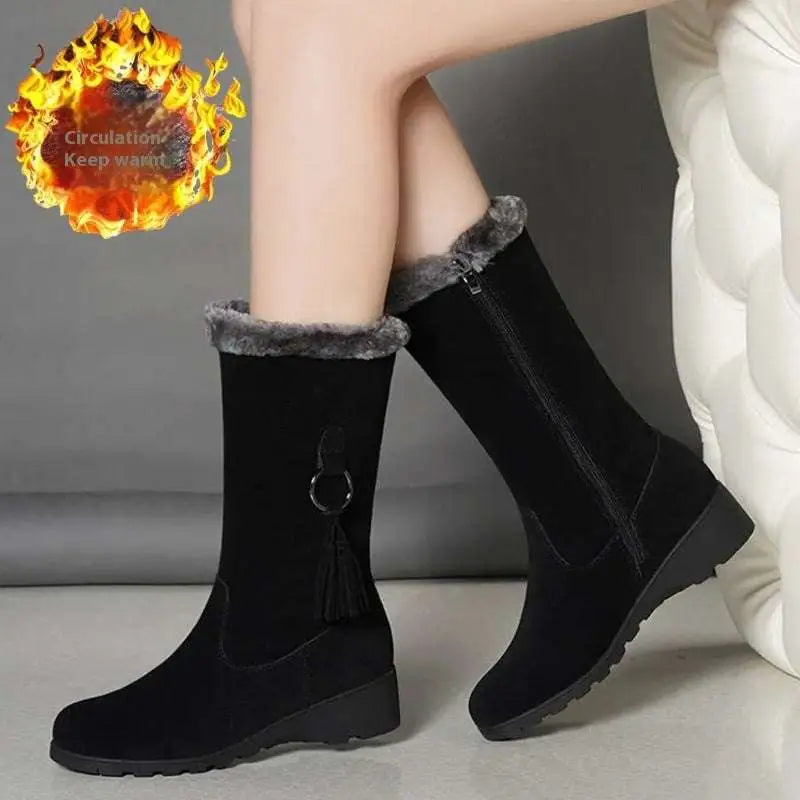 Black suede tassel martin boots with gray faux fur lining designed for martin boots autumn and winter wear
