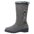 Gray suede tassel martin boots with fuzzy gray cuff and silver ring detail for autumn and winter wear