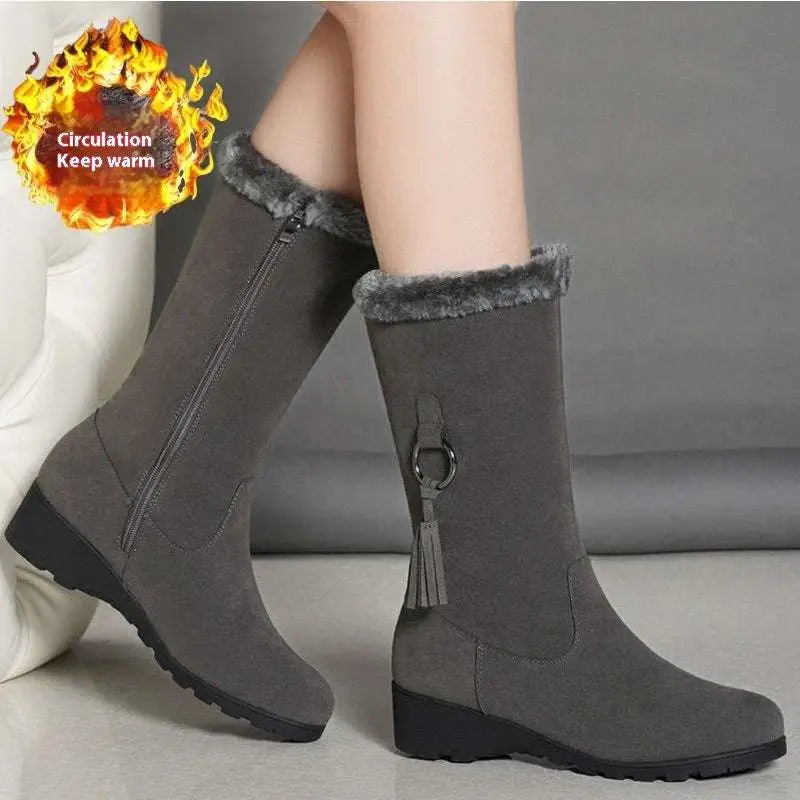 Gray suede tassel martin boots with faux fur lining designed for autumn and winter wear