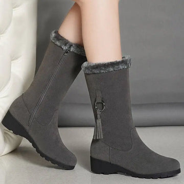 Gray suede tassel martin boots with faux fur trim ideal for martin boots autumn and winter wear