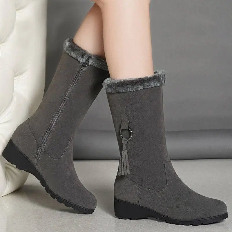 Gray suede tassel martin boots with faux fur trim designed for autumn and winter wear