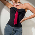 Black corset top featuring a bold red tie accent paired with gray suede y2k bandeau design ins fashion style