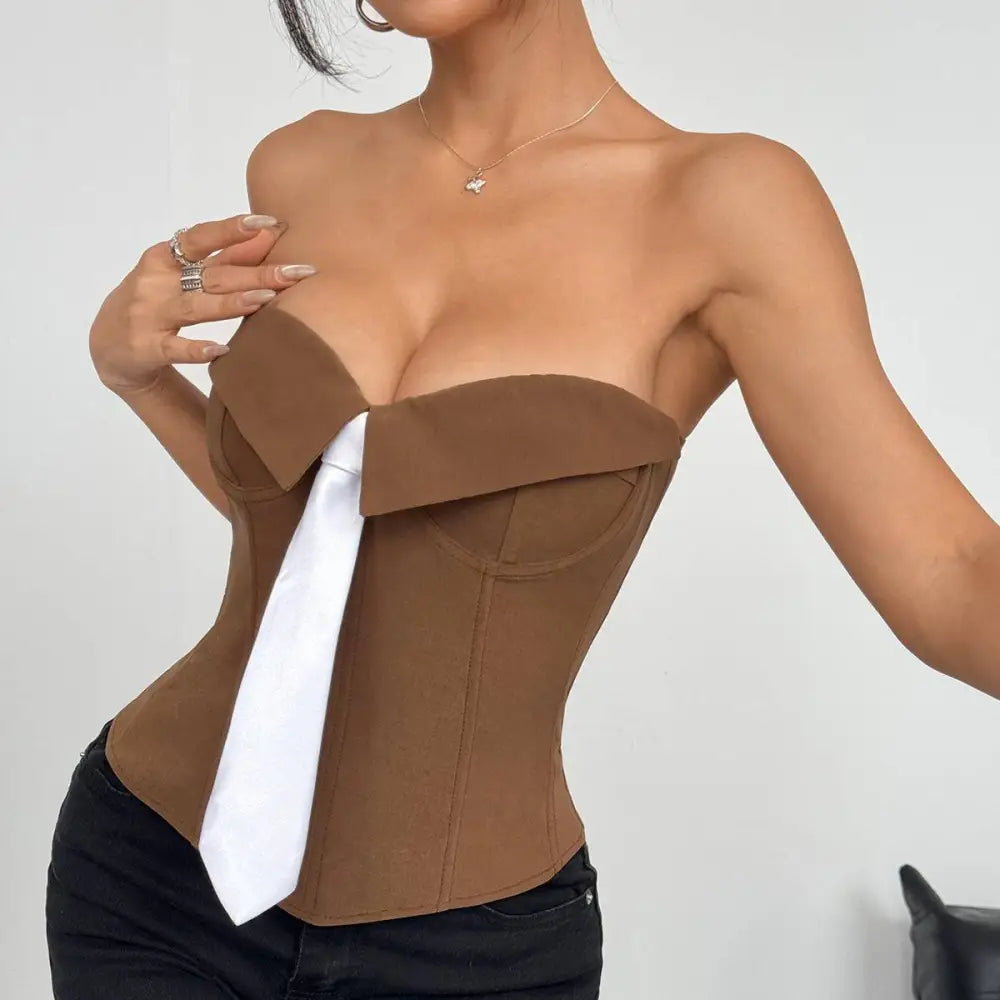 Brown strapless corset with white tie detail in design ins fashion gray suede y2k bandeau style product