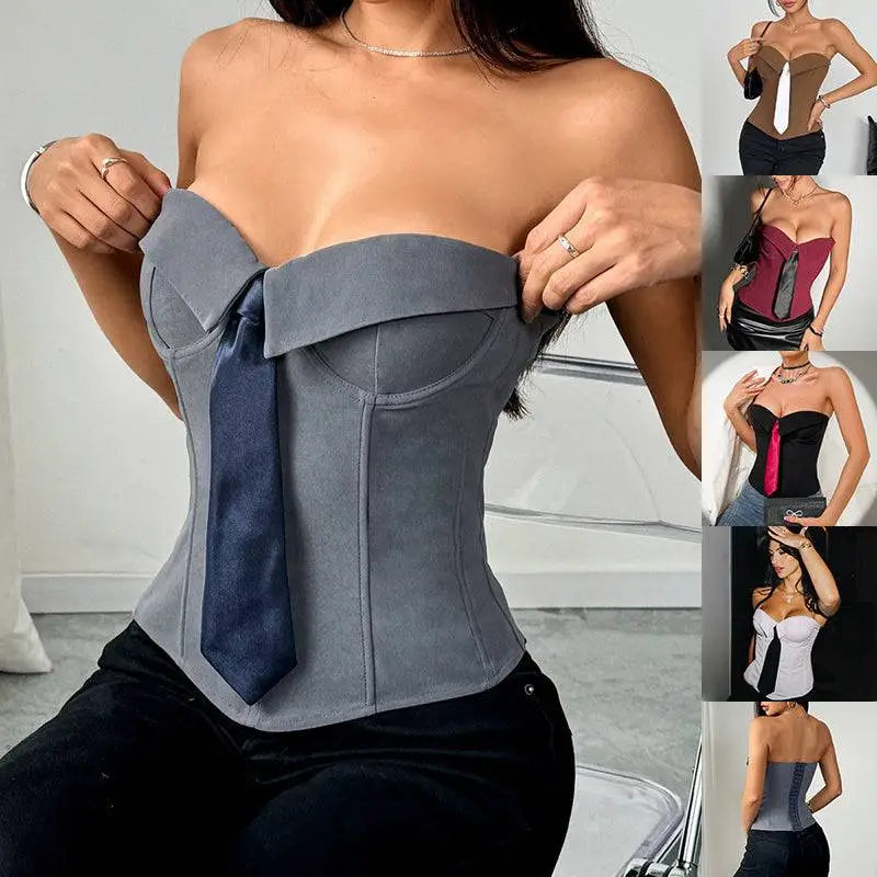 Gray suede y2k bandeau with navy tie accent featuring design ins fashion solid material and stylish detail