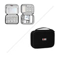 Black burm travel organizer digital storage bag with zippered top and compartments in gray textured fabric for cables and electronics