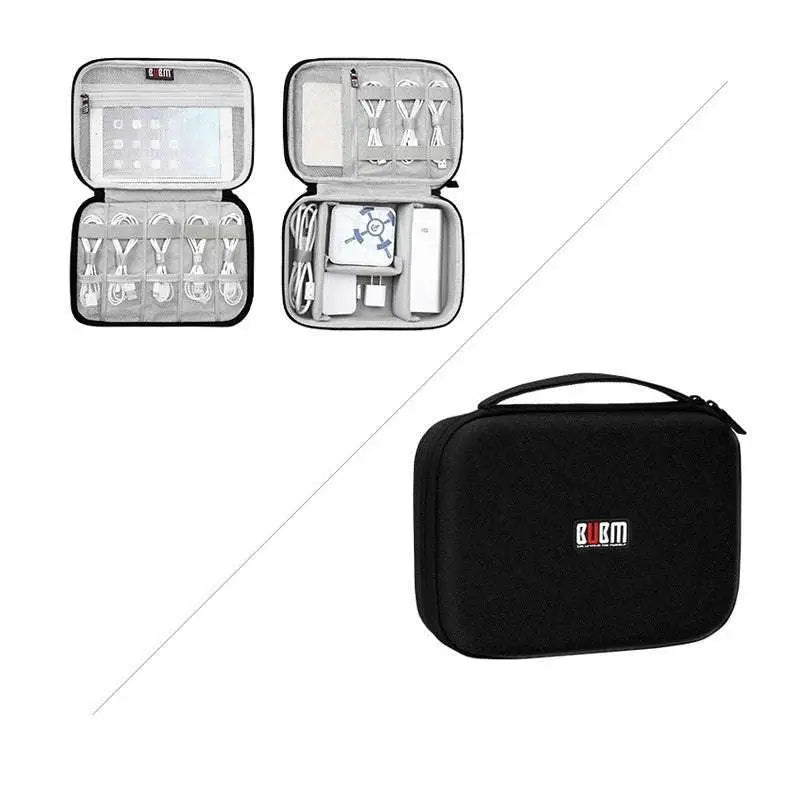 Black burm travel organizer digital storage bag with zippered top and compartments in gray textured fabric for cables and electronics