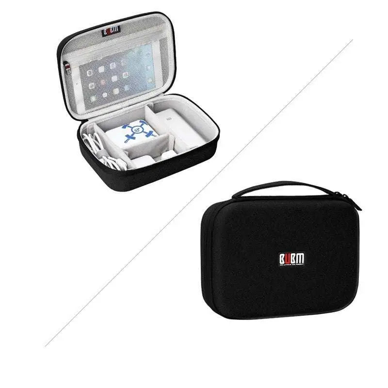 Gray textured fabric digital storage bag with black rubm protective case and mesh compartments for travel organizer
