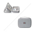 Gray textured digital storage bag travel organizer with zippered compartments and mesh pockets for electronics