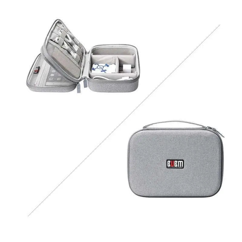 Gray textured digital storage bag travel organizer with zippered compartments and mesh pockets for electronics