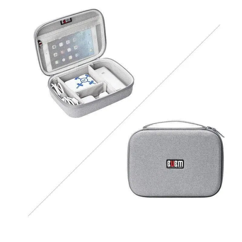 Gray textured fabric digital storage bag travel organizer with hard-shell case and compartments for tablet and cables