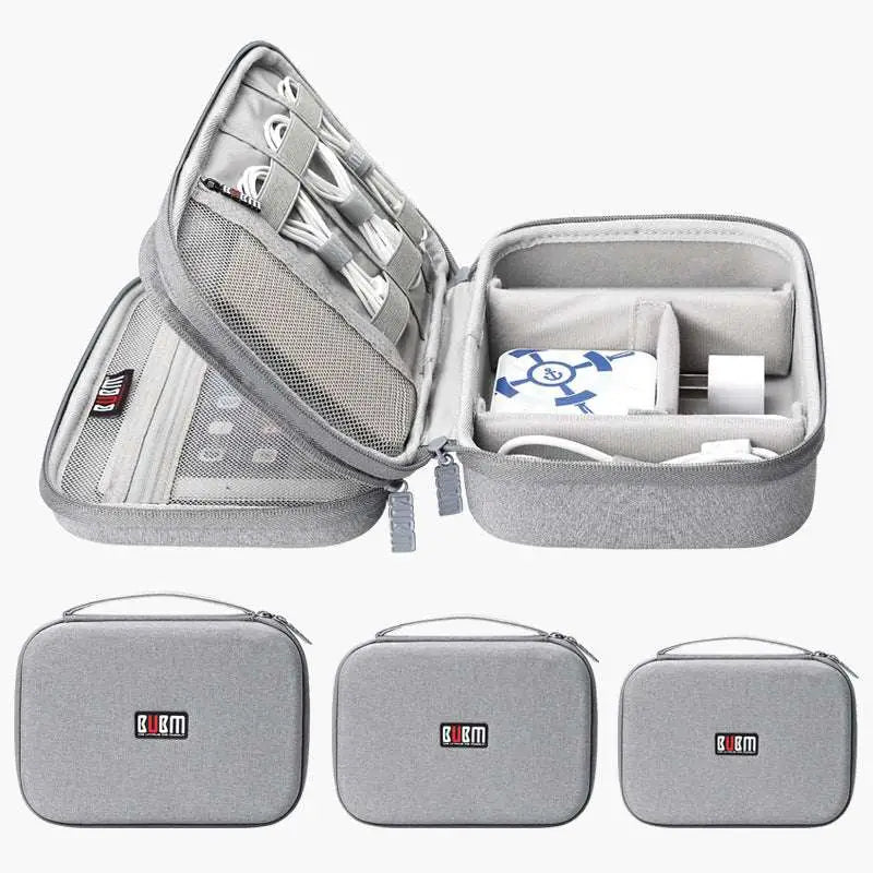 Gray textured fabric digital storage bag travel organizer with mesh and padded compartments for electronics