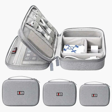 Gray textured fabric digital storage bag travel organizer with mesh and padded compartments for electronics