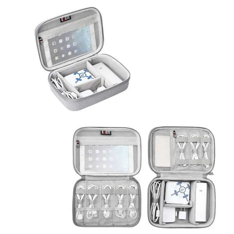 Gray textured digital storage bag travel organizer with multiple compartments for cables adapters and a tablet