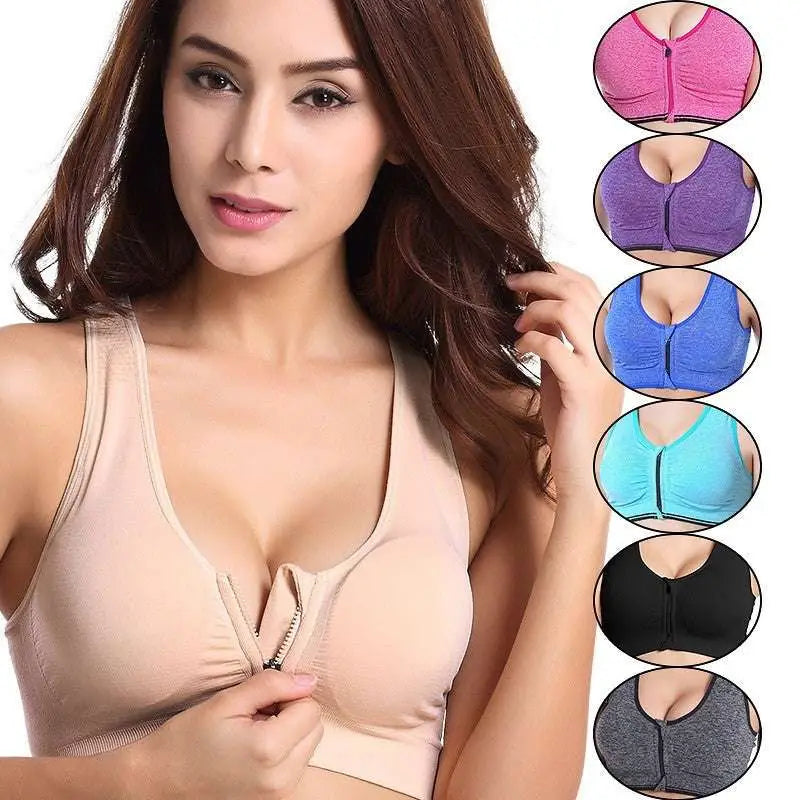 Beige stretchy sports bra with front zipper closure designed as a gray textured zipper sports bra alternative