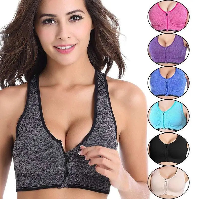 Gray textured sports bra with black pattern and front zipper closure as a zipper sports bra for activewear