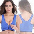 Blue athletic zipper sports bra with front closure and mesh fabric detailing contrasting gray textured style