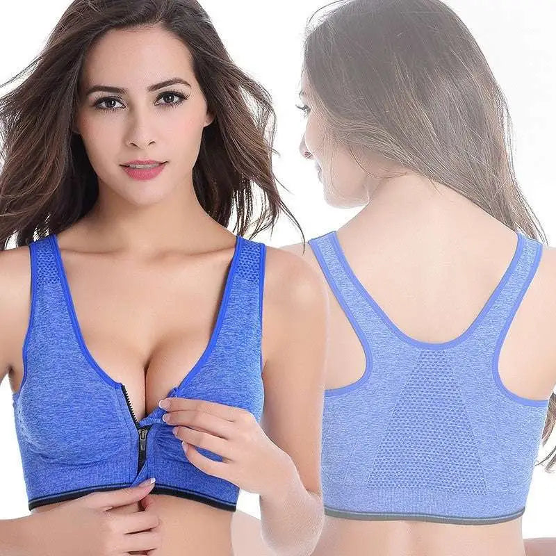 Blue athletic zipper sports bra with front closure and mesh fabric detailing contrasting gray textured style
