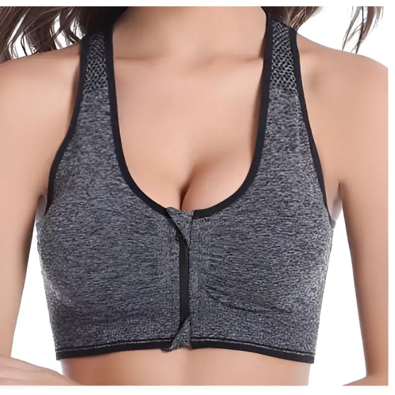 Gray textured zipper sports bra in heathered fabric with a front zipper closure for athletic use