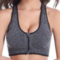 Gray textured heathered sports bra with a front zipper closure designed as a zipper sports bra