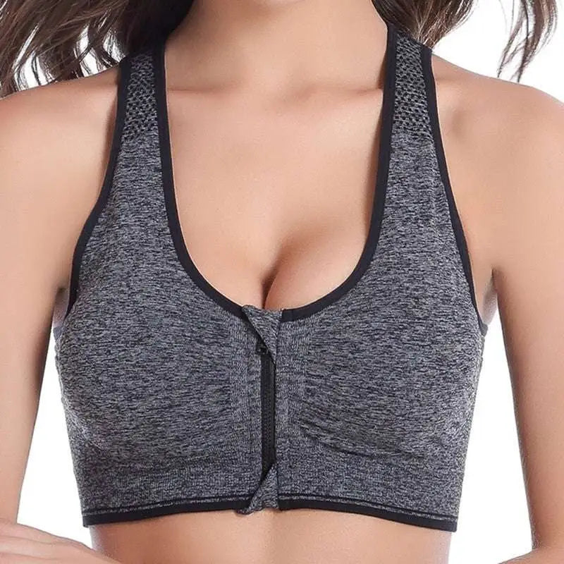 Gray textured heathered sports bra with a front zipper closure designed as a zipper sports bra