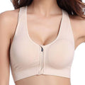 Beige zipper sports bra with front zipper closure and racerback straps ideal for active wear