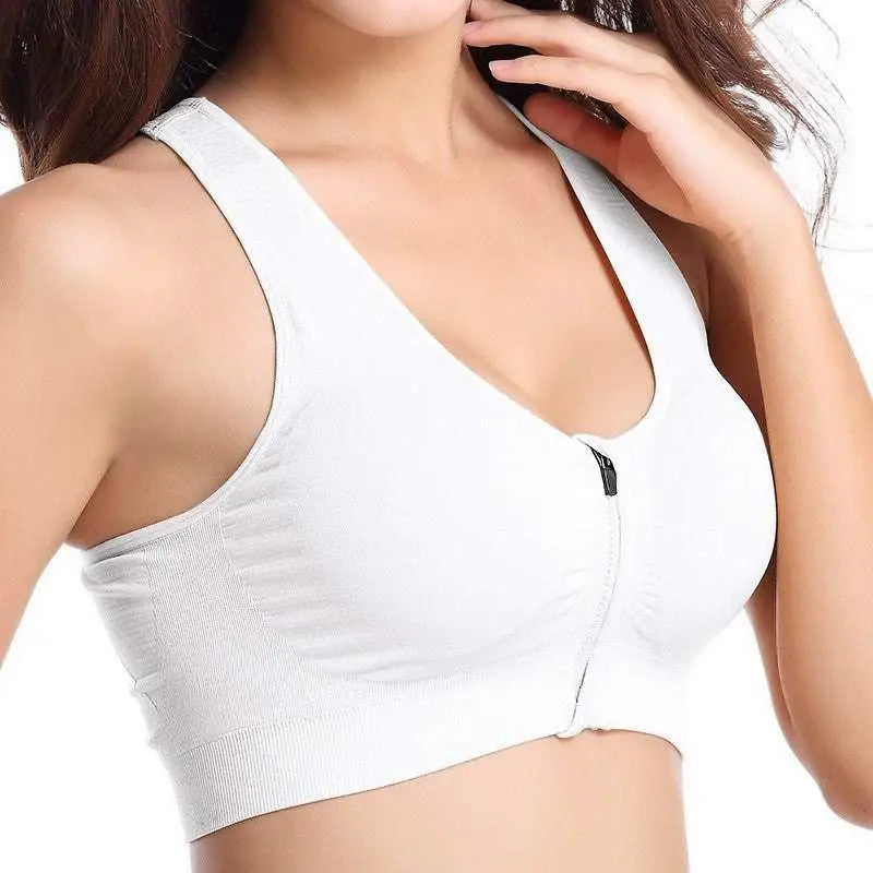 White zipper sports bra with ribbed fabric front closure contrasting gray textured design for activewear
