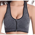 Gray textured zipper sports bra in heathered gray and black with front zipper closure for activewear use