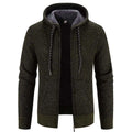Dark olive green textured knit thicken winter coat with zipper closure and plush gray-lined hoodie for cold weather