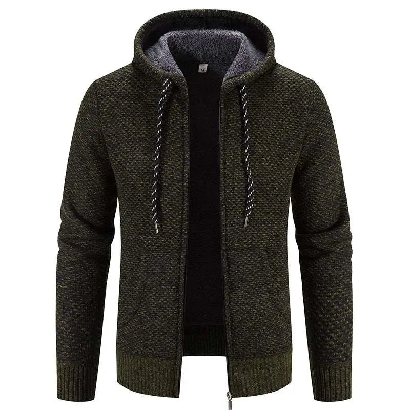 Dark olive green textured knit thicken winter coat with zipper closure and plush gray-lined hoodie for cold weather
