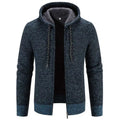 Dark blue textured knit zip-up hoodie with gray fleece-lined hood and zipper closure solid thicken winter coat