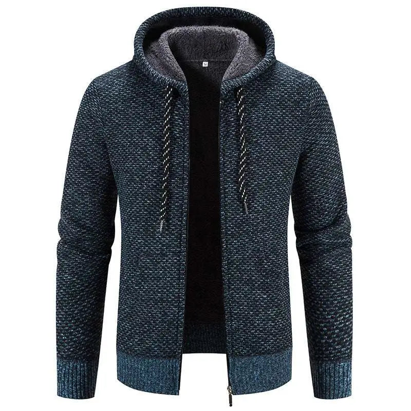 Dark blue textured knit zip-up hoodie with gray fleece-lined hood and zipper closure solid thicken winter coat