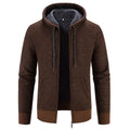 Brown textured knit zip-up hoodie with gray fleece-lined hood and zipper closure solid for thicken winter coat use