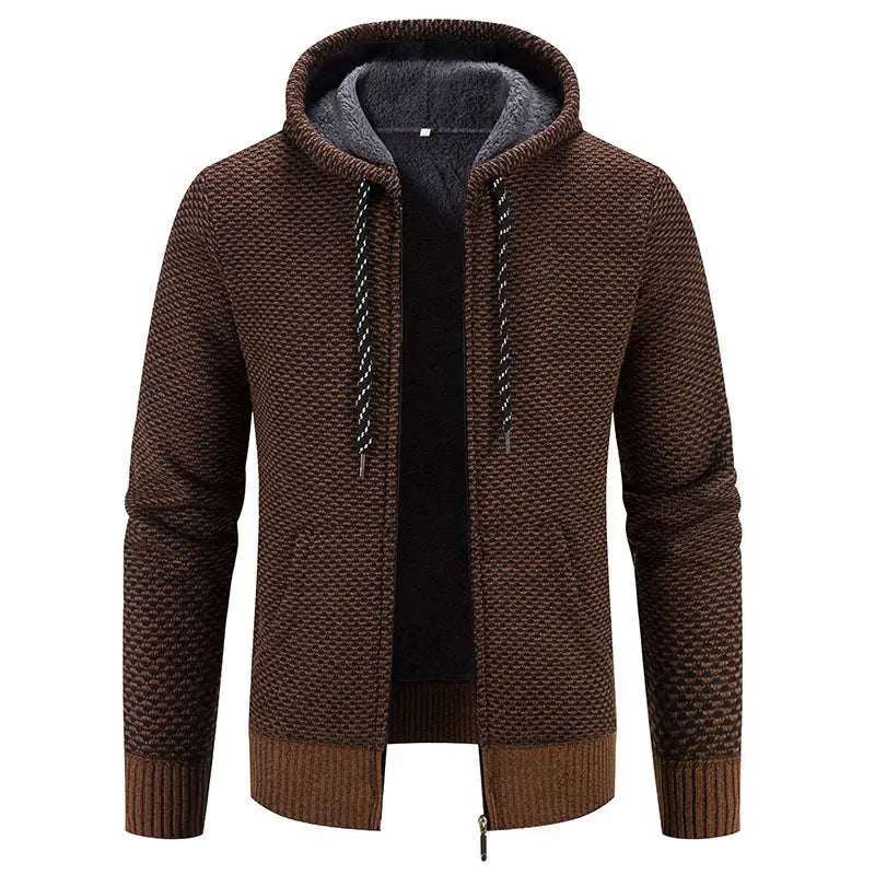 Brown textured knit zip-up hoodie with gray fleece-lined hood and zipper closure solid for thicken winter coat use