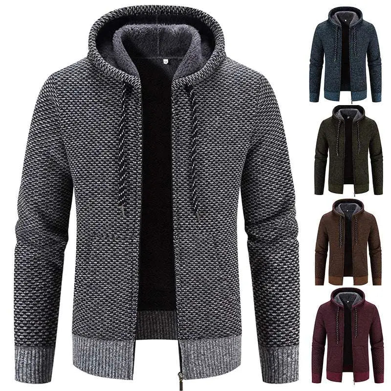 Gray textured knit winter coat zipper with plush inner lining and matching drawstrings for warmth and style