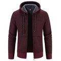 Maroon textured knit thicken winter coat with gray fleece-lined hood and zipper closure solid plush hoodie