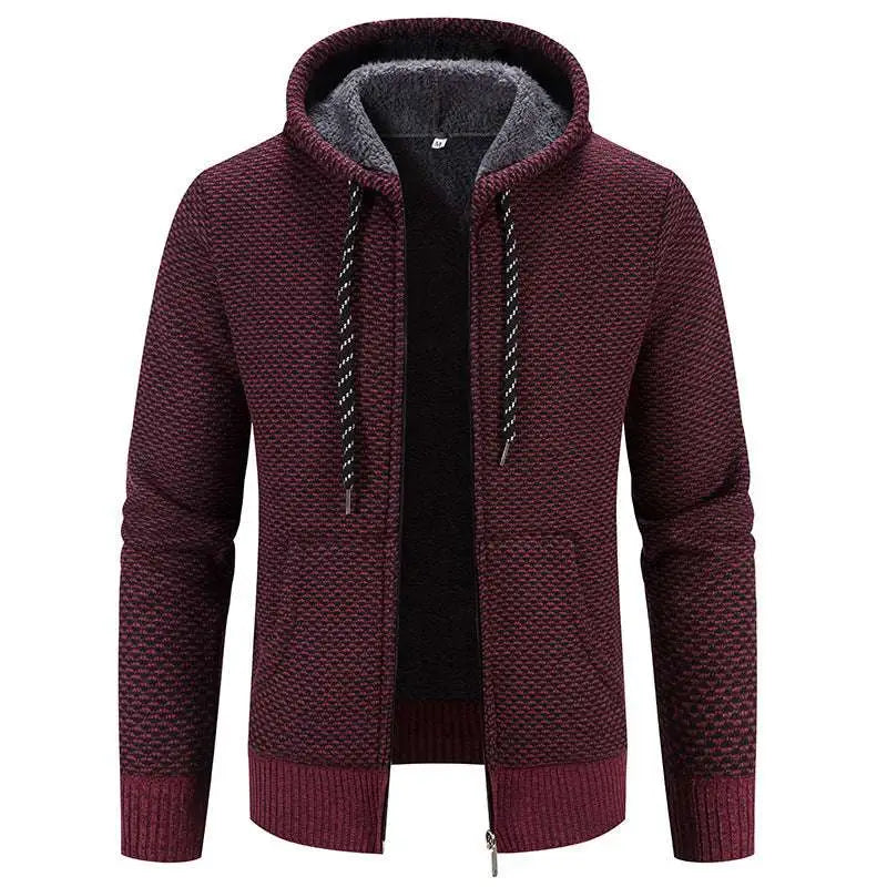 Maroon textured knit thicken winter coat with gray fleece-lined hood and zipper closure solid plush hoodie