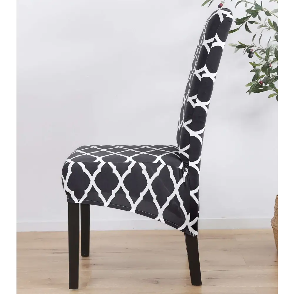 Gray white geometric spandex chair cover with black and white printed stretch pattern for dining chairs
